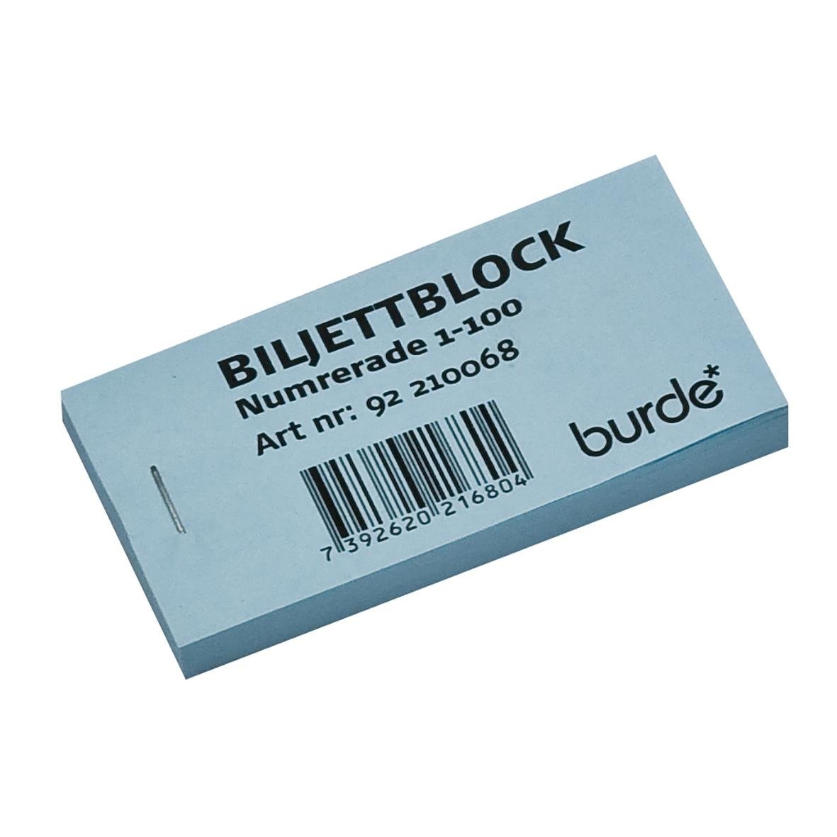 Blå biljettblock med nummer 1-100 och streckkod