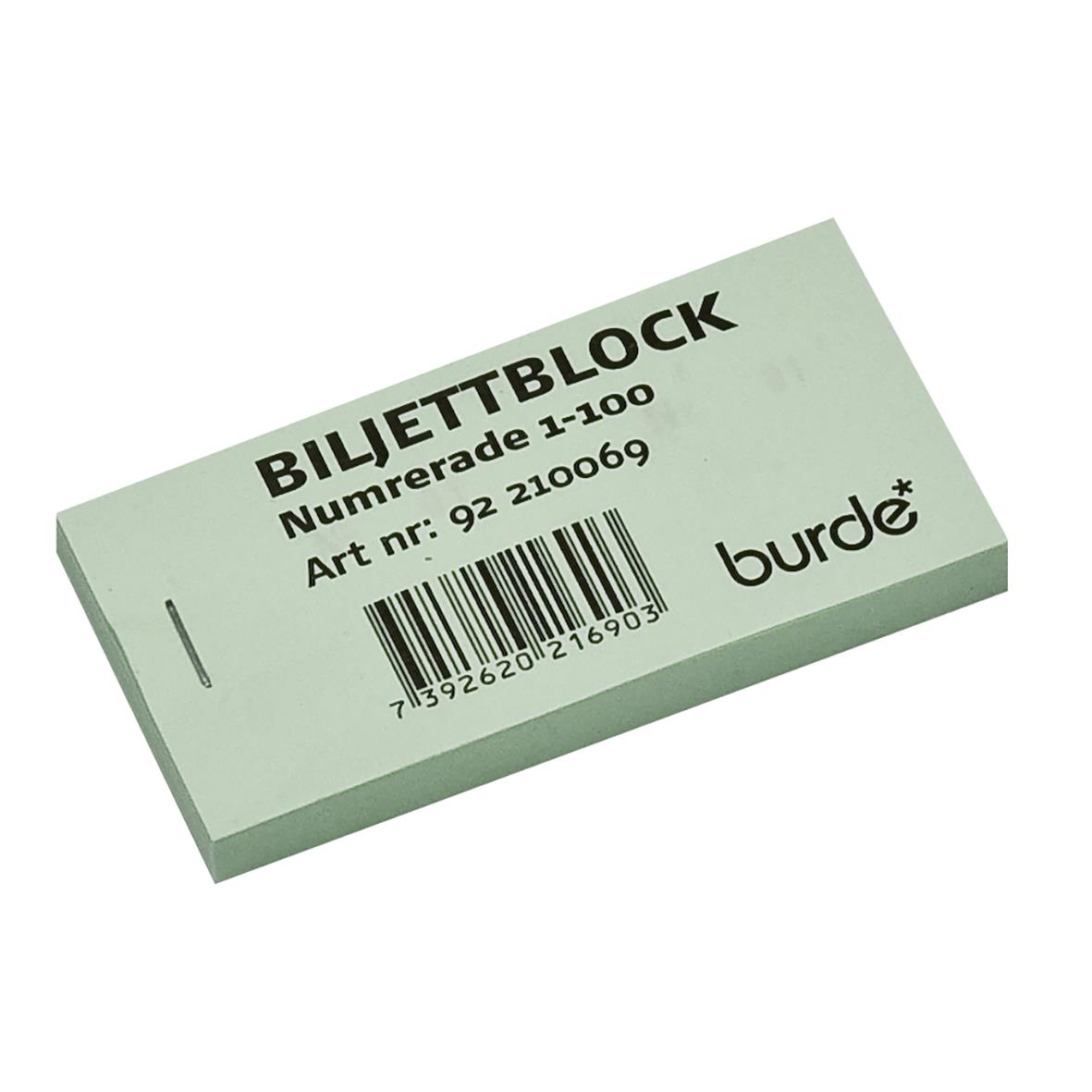 Grönt biljettblock med nummer 1-100 och streckkod