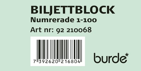 Grönt biljettblock med nummer 1-100 och streckkod, artikelnummer 92 210068