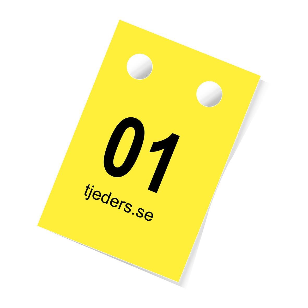 Gul biljett med siffran 01 och text tjeders.se