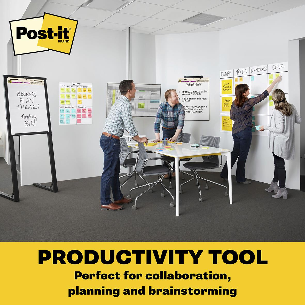 Fem personer använder blädderblock och Post-it lappar för mötesplanering och brainstorming i ett kontorsrum