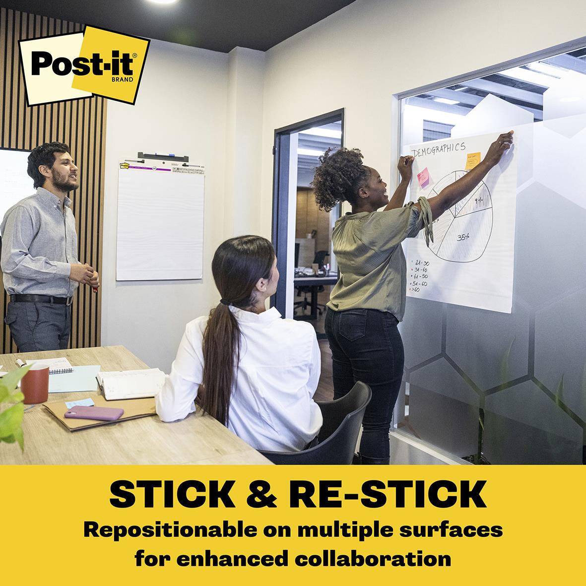 Tre personer använder en blädderblockstavla med Post-it-lappar för samarbete i ett mötesrum