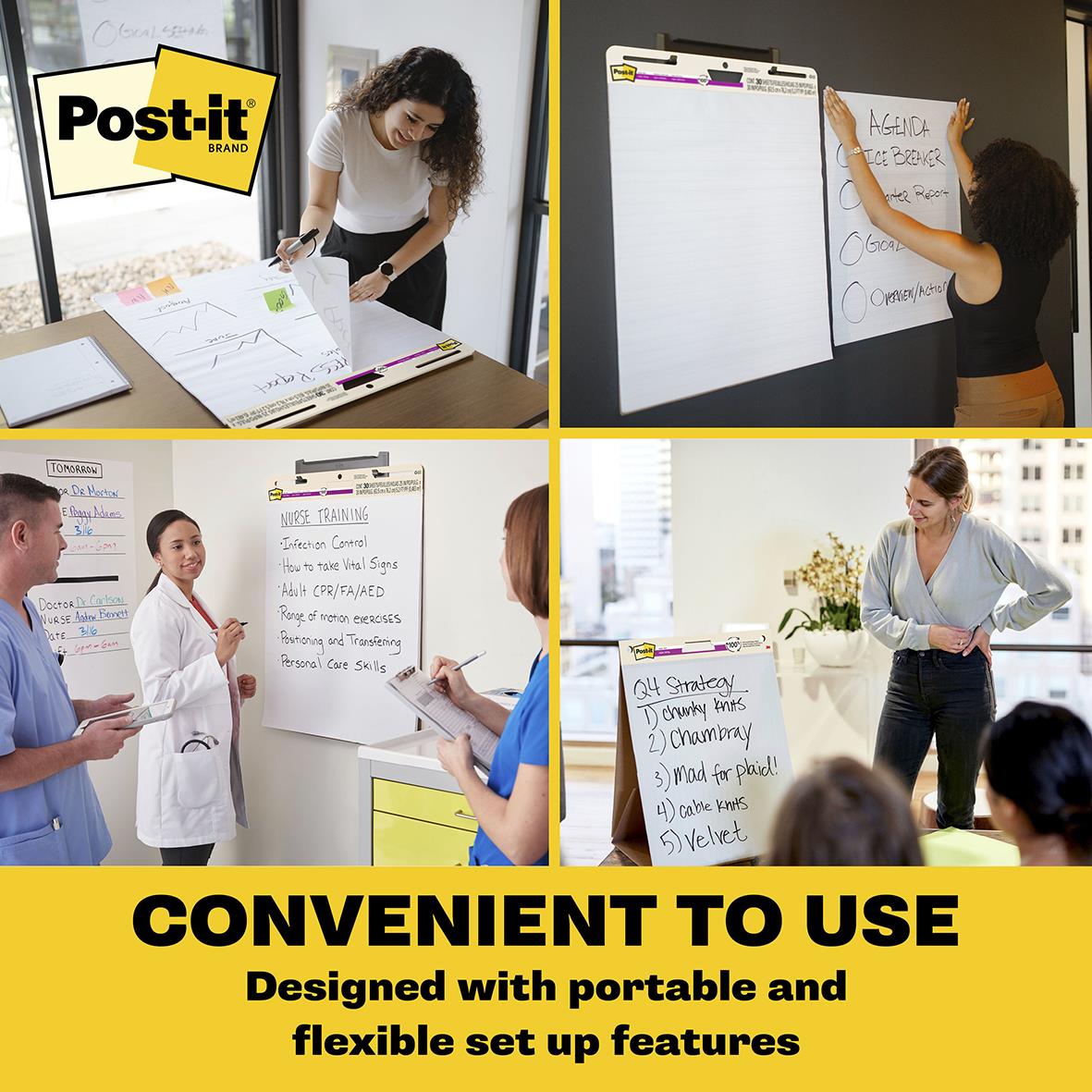 " använder blädderblock med Post-it lappar, visar flexibel och portabel whiteboard för presentationer och möten"