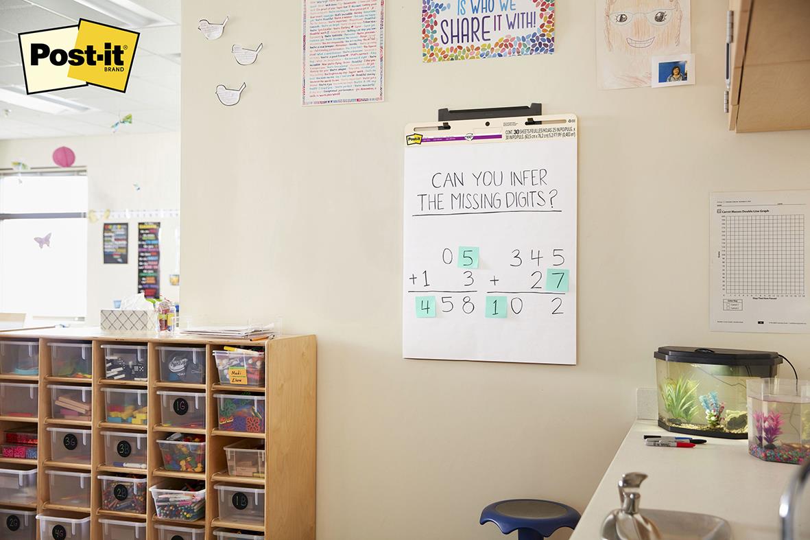 Blädderblock med Post-it lappar och väggdekorationer i ett klassrum eller kontorsmiljö