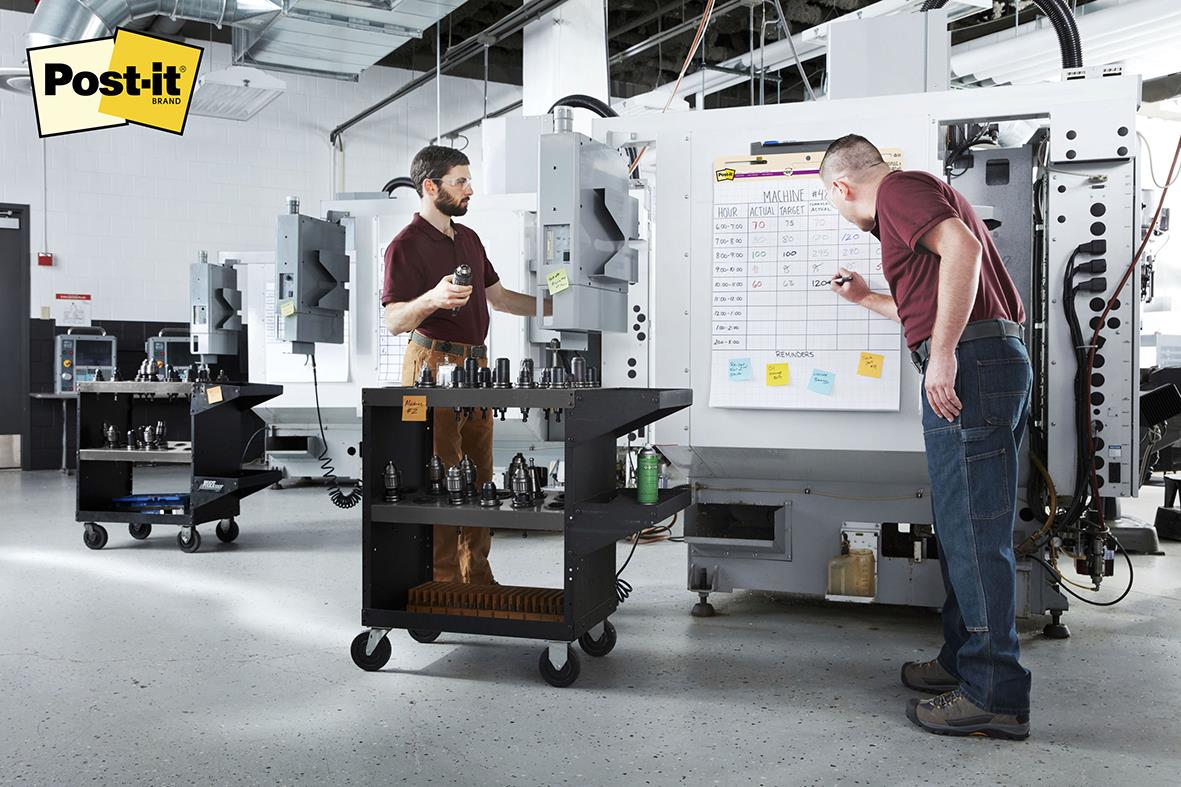 Två personer använder en blädderblockstavla med Post-it-lappar i ett industriellt verkstadsmiljö