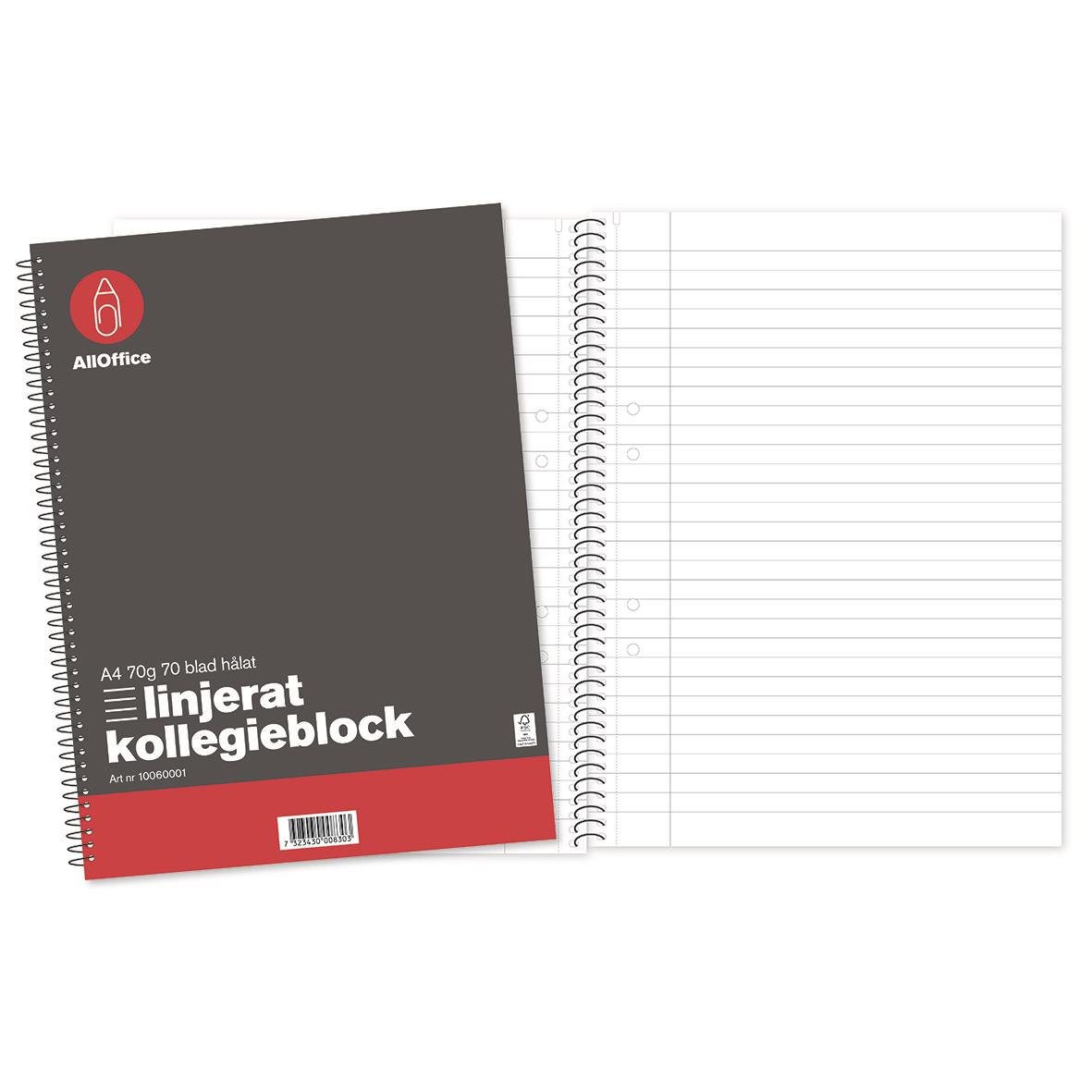 Kollegieblock med linjerat A4-papper, 70 blad, 70g, svart omslag med röd detalj