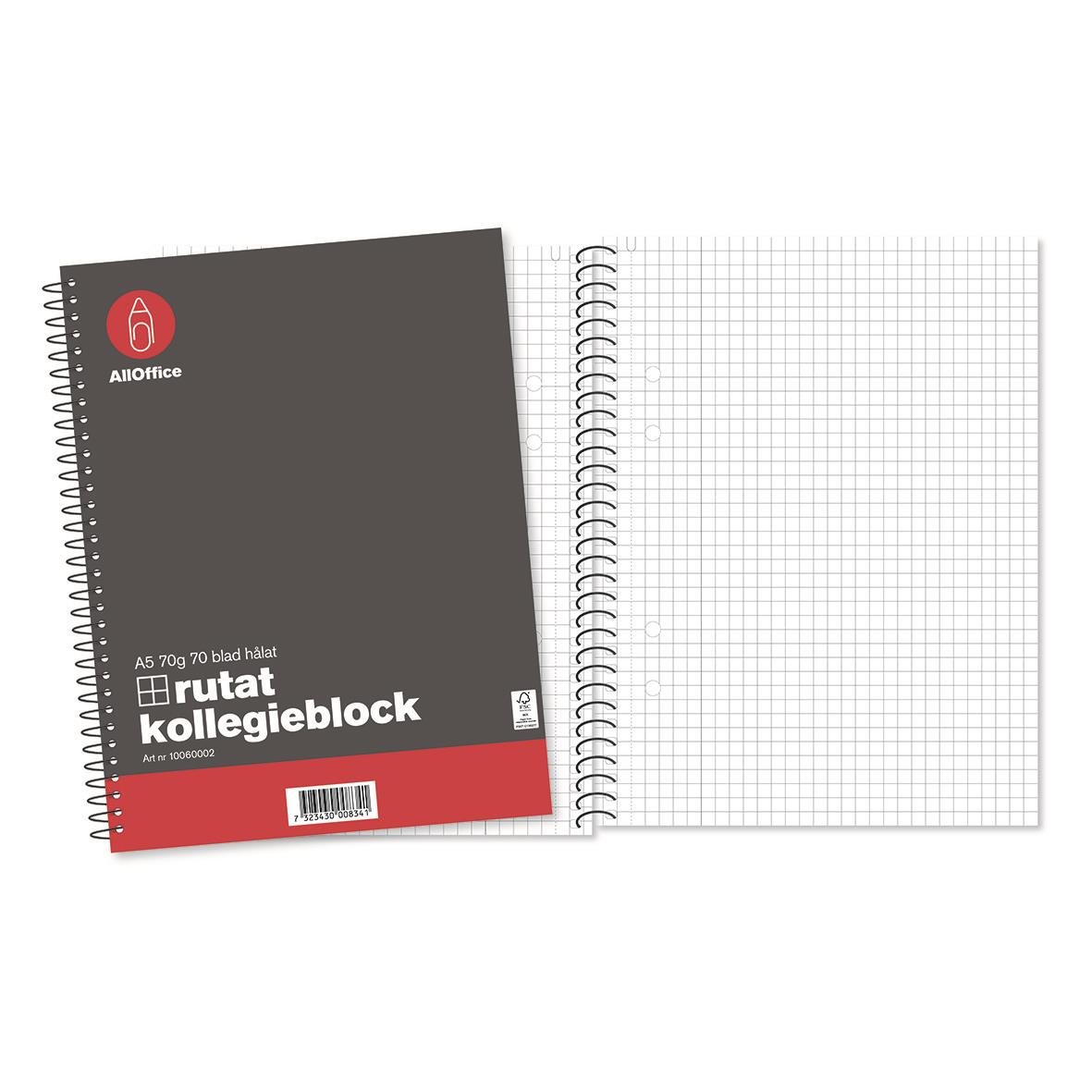 Kollegieblock AllOffice Rutat 70 Blad A5 70g med rutade sidor och spiralbindning