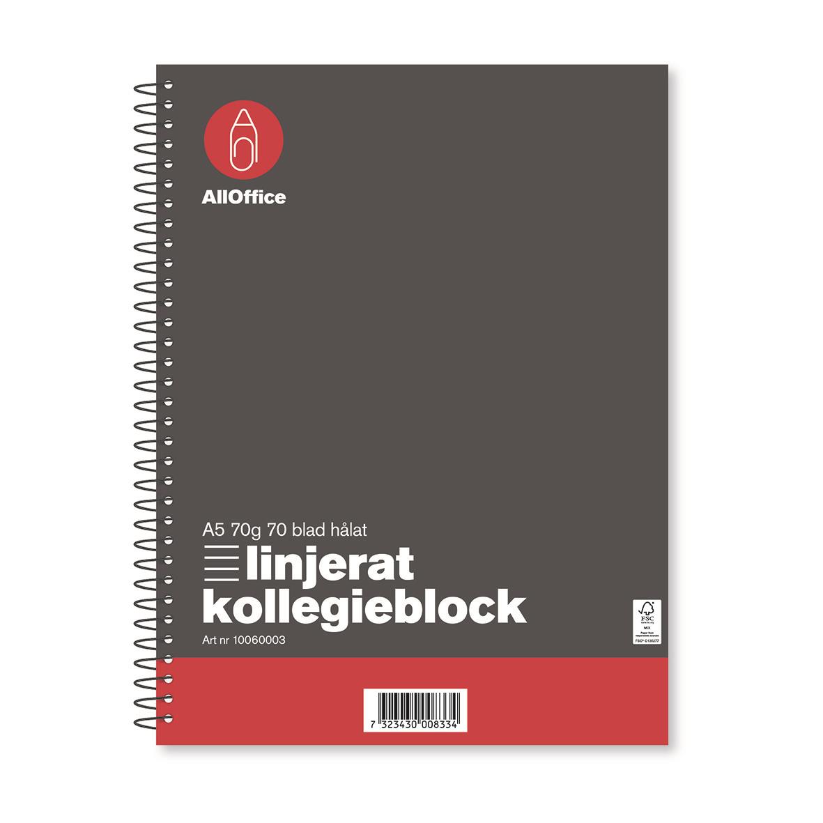 Linjärt kollegieblock med 70 blad A5, 70g papper, spiralbindning och grå omslag