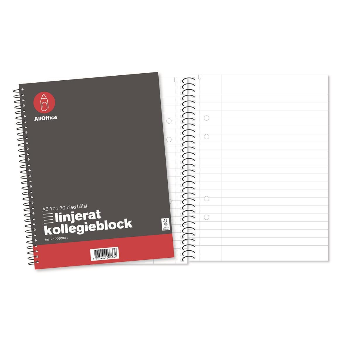 Linjerat kollegieblock med 70 blad A5, 70g papper, spiralbindning och svart omslag