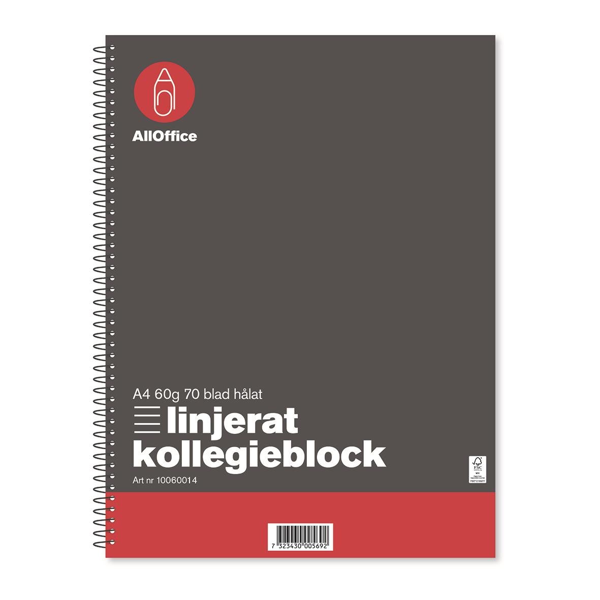 Kollegieblock från AllOffice med linjerade A4-sidor, 70 blad, 60g papper, spiralbindning
