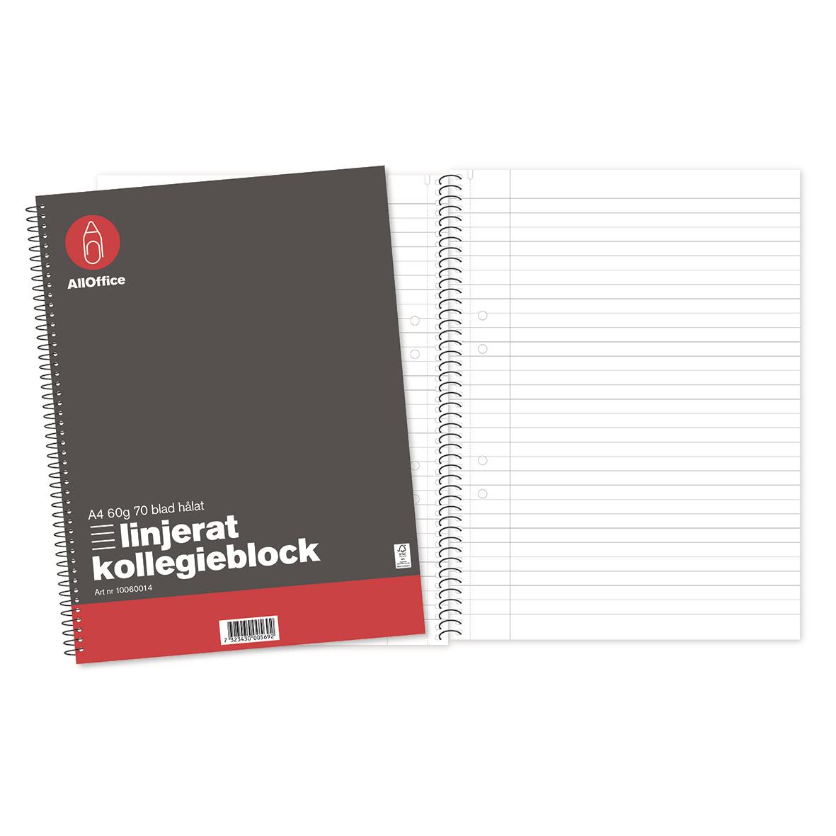 Kollegieblock med linjerat A4-papper, 70 blad, 60g, svart omslag och spiralbindning