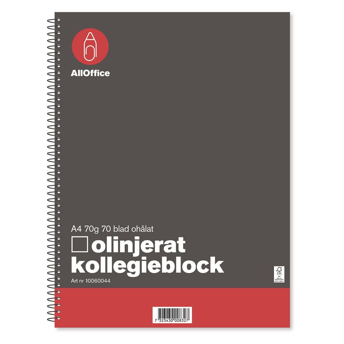 Kollegieblock med 70 blad A4 70g papper, spiralbundet och med AllOffice-logga på omslaget
