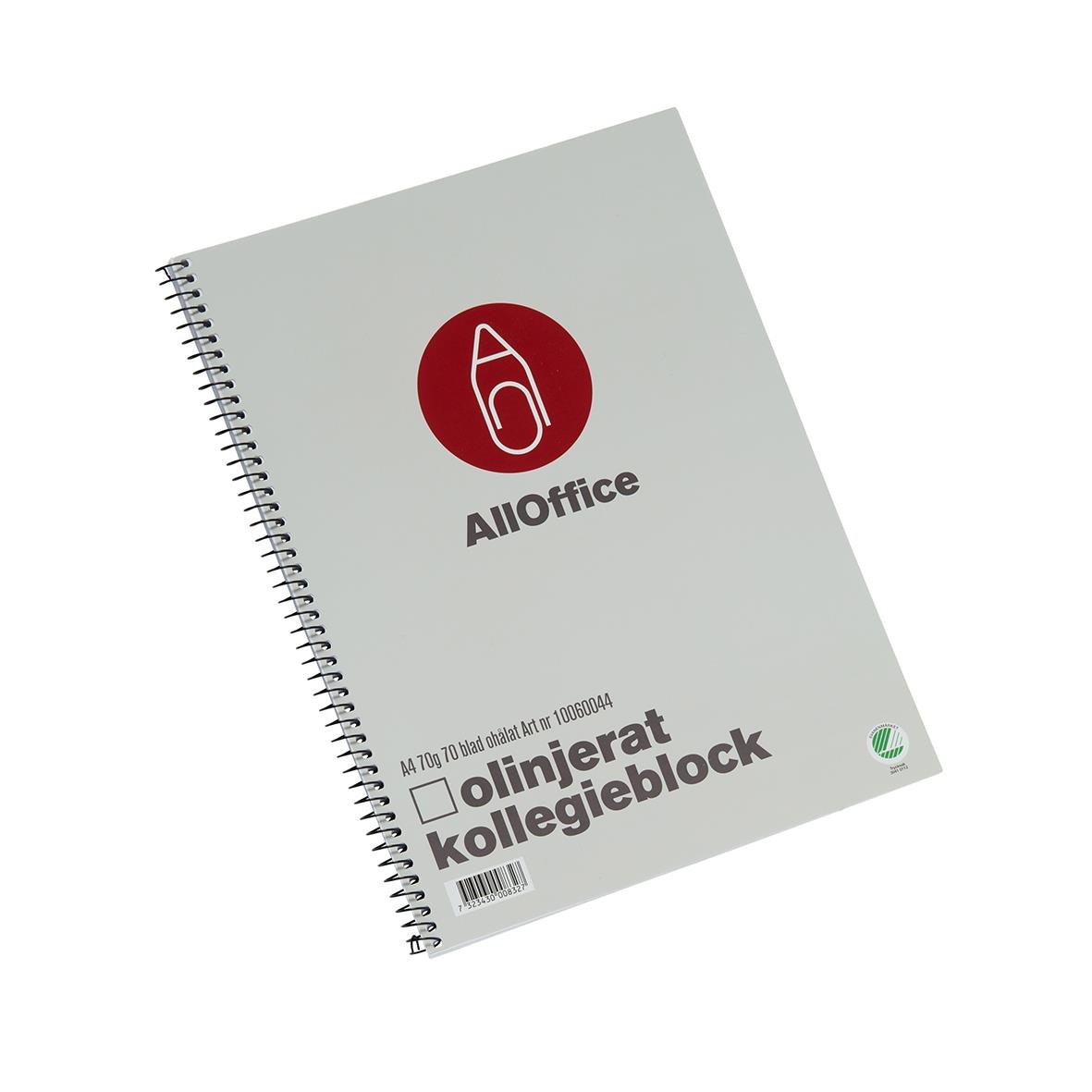 Kollegieblock med 70 blad A4 70g papper, spiralbundet och med AllOffice-logga på omslaget