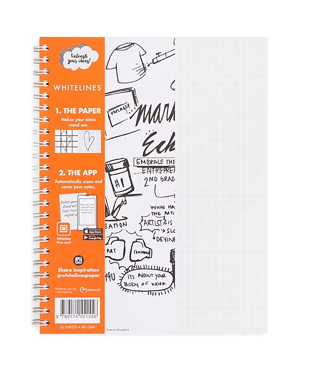 Kollegieblock WhiteLines Rutat 60 Blad A5 80g med grafiska illustrationer och orange etikett