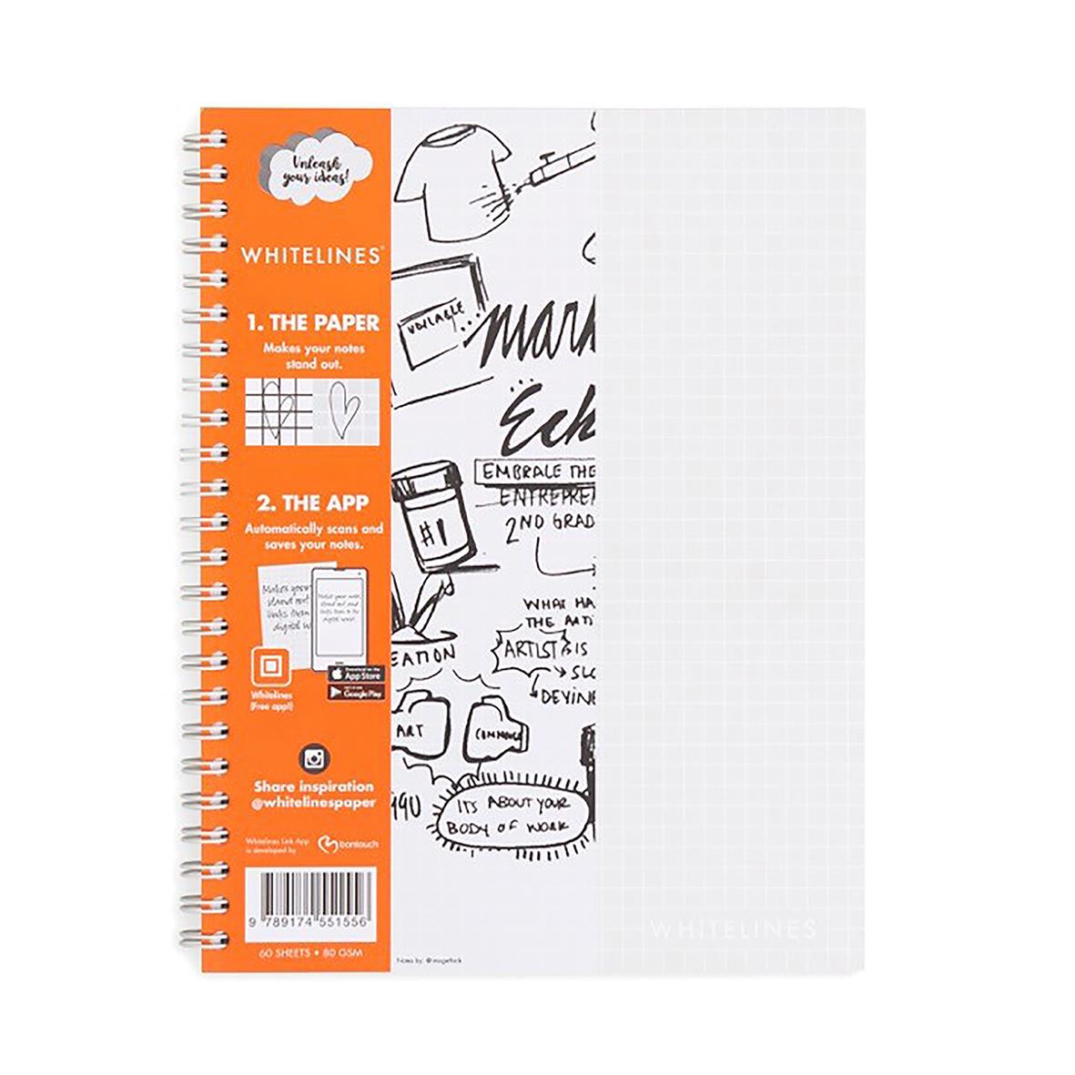 Kollegieblock WhiteLines Rutat 60 Blad A5 80g med grafiska illustrationer och orange etikett