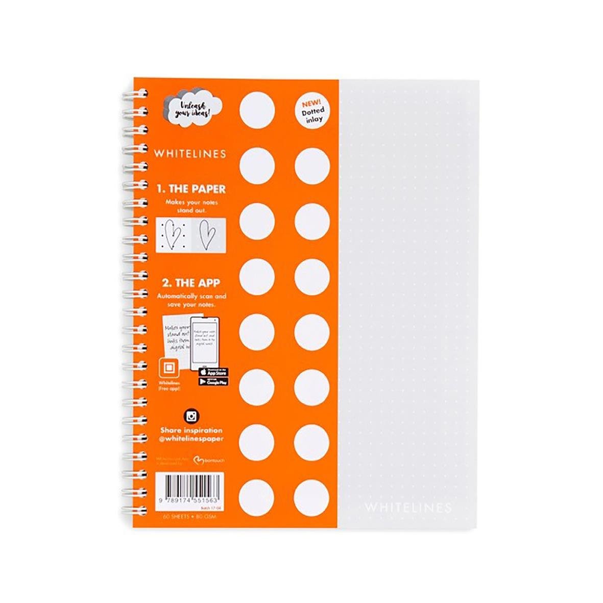 Kollegieblock WhiteLines Dotes 60 blad A5 80g med orange och vit design och prickade sidor