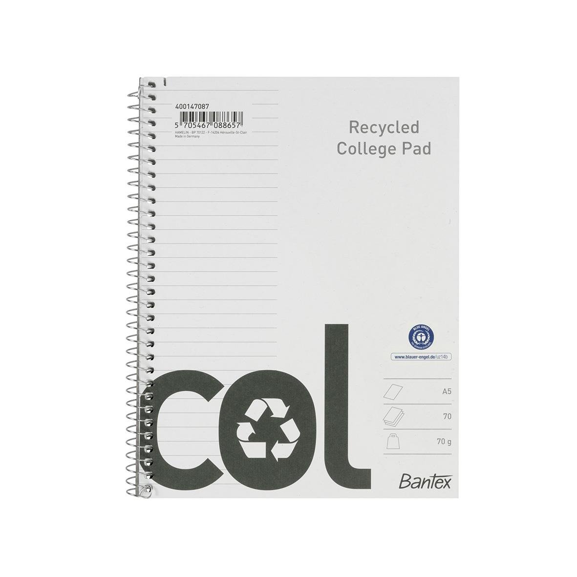 Kollegieblock Bantex Recycled Linjerat 70 Blad A5+ 70g med spiralrygg och återvunnet papper