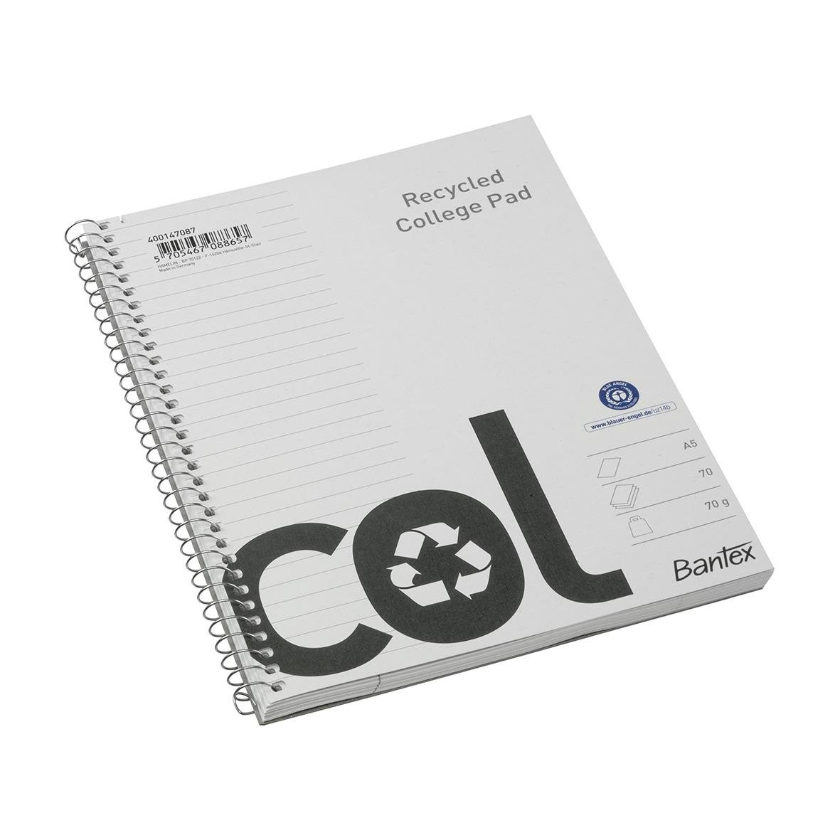 Kollegieblock Bantex Recycled Linjerat 70 blad A5+ 70g med spiralbindning och grått omslag