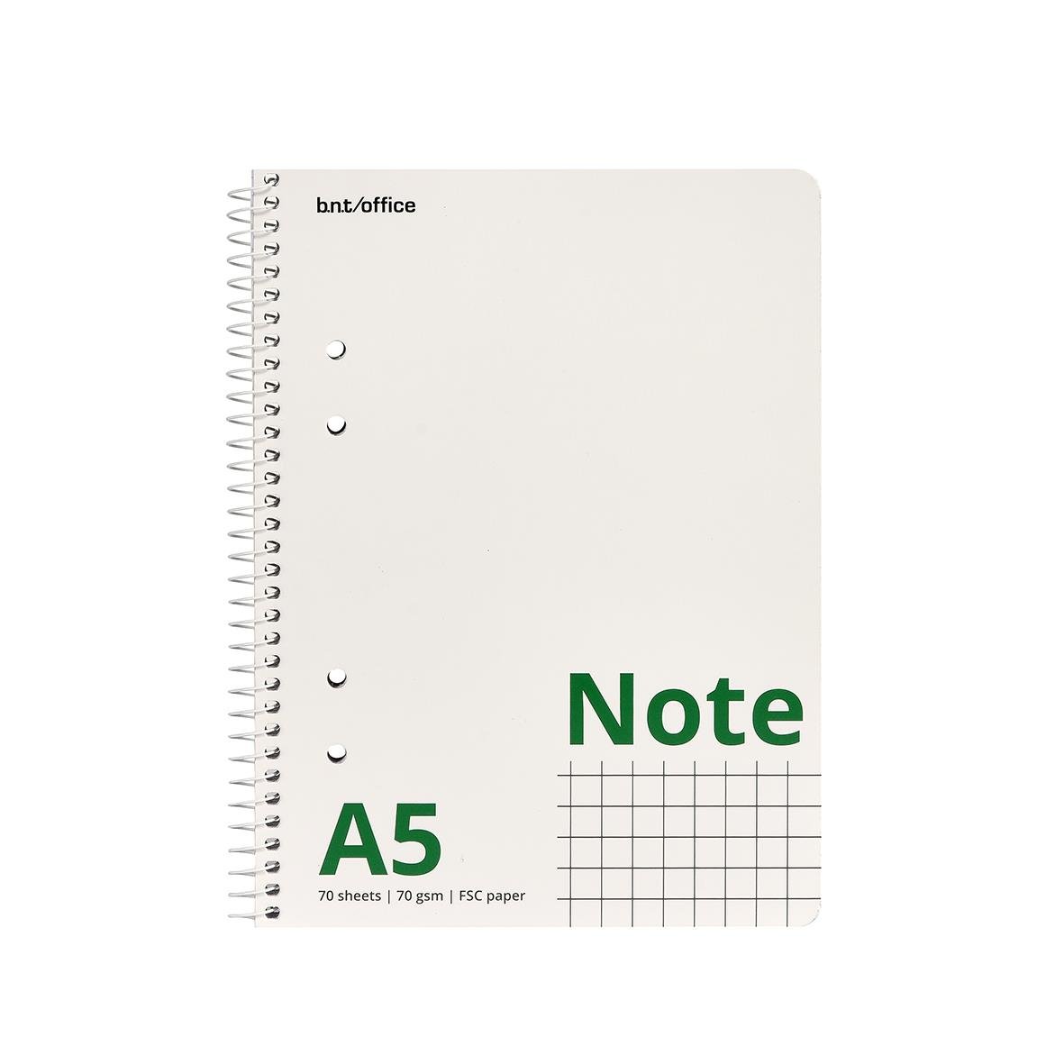 A5 anteckningsblock med spiralrygg, vita sidor och grönt text, för kontor eller skola