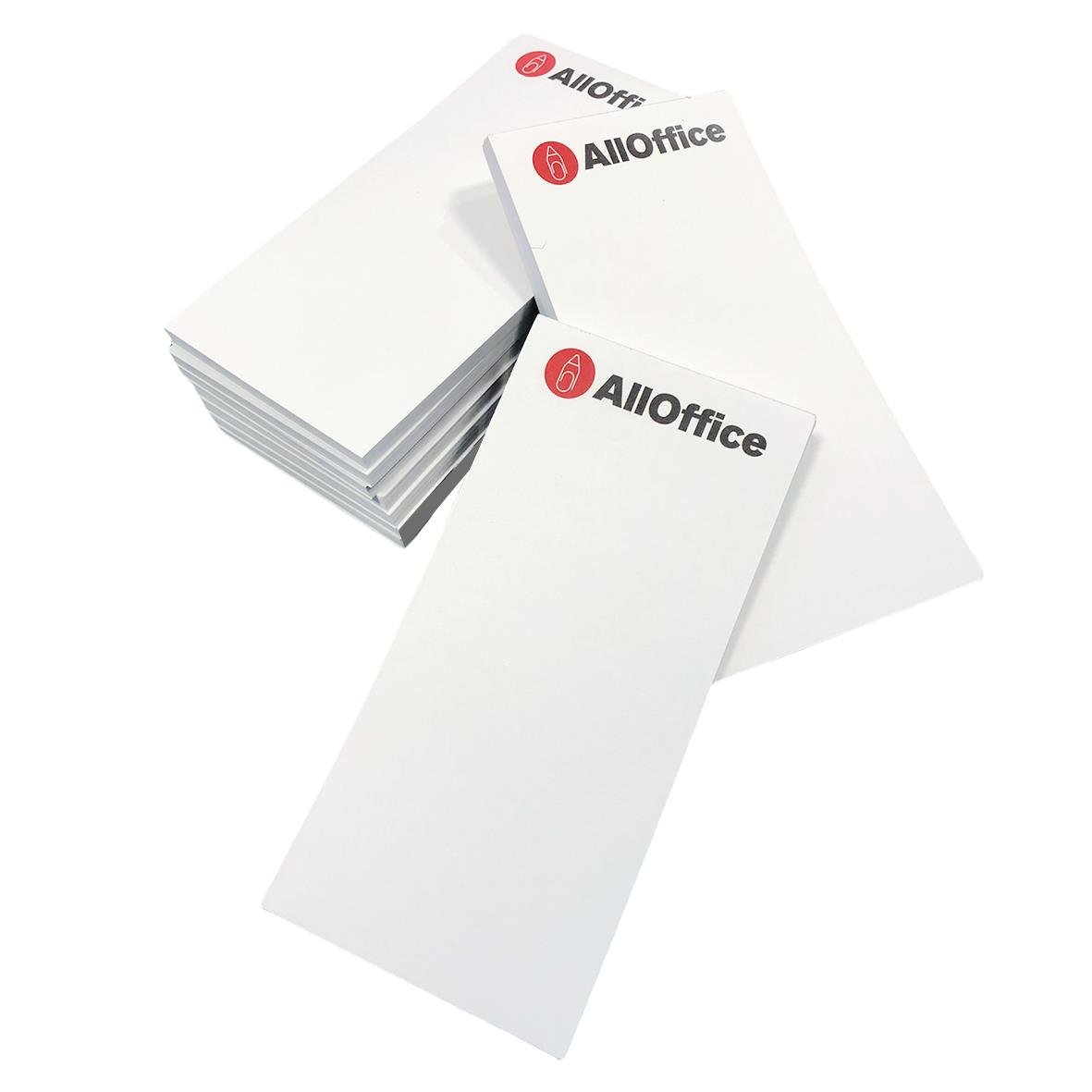 Staplade vita notislappar med AllOffice-tryck och 70x148mm storlek, 50 blad per block, 80g papper
