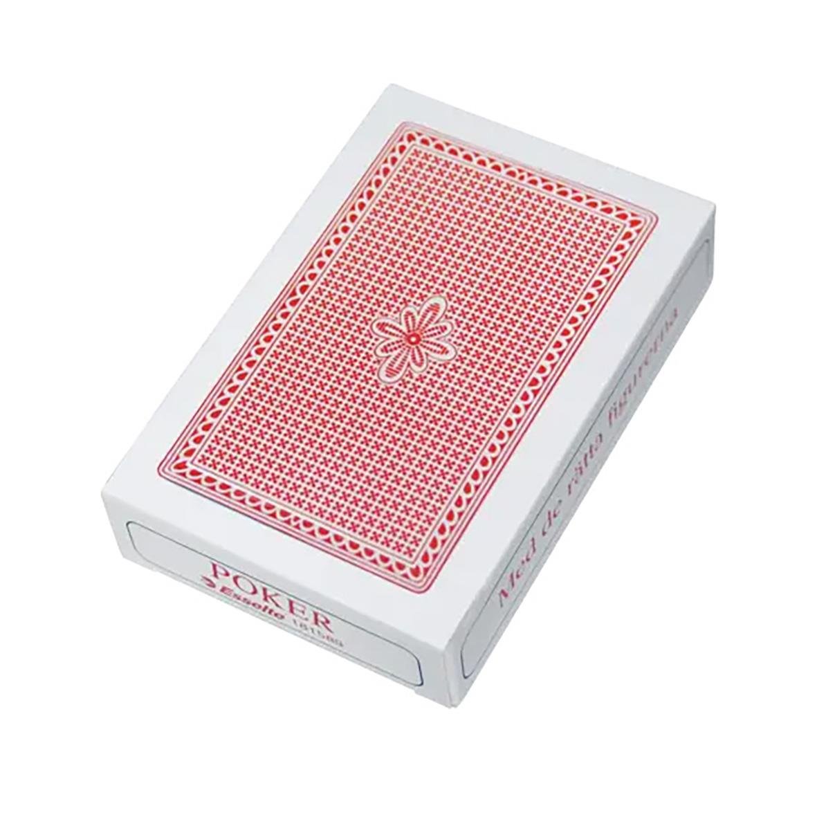 Rött pokerkort med blomsterdesign på baksidan i en vit kortlekbox