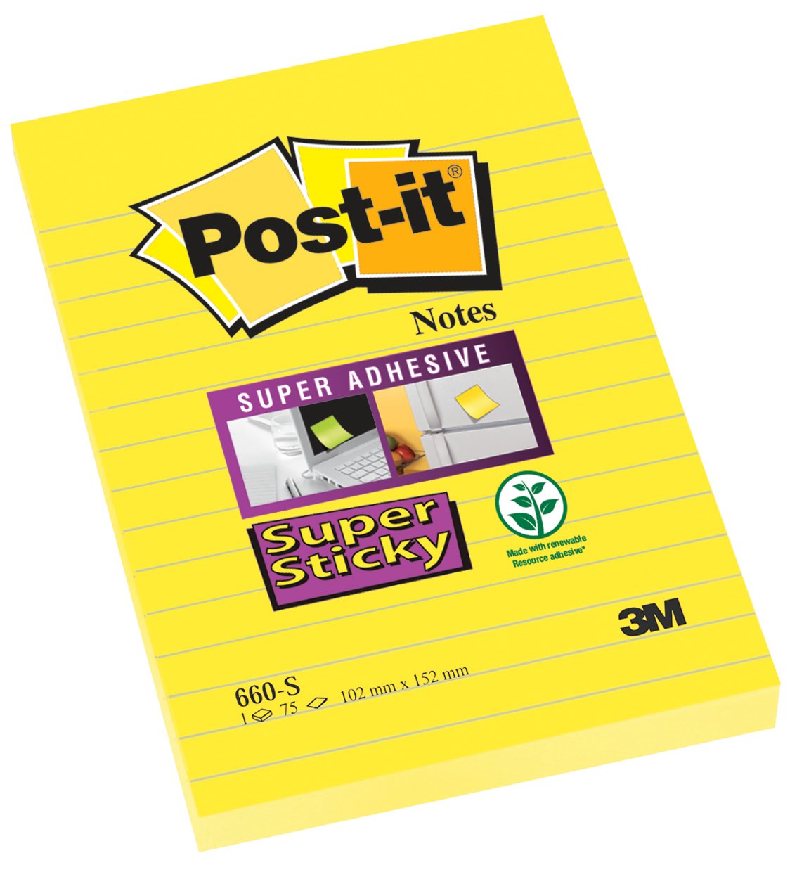Gult Post-it Super Sticky-lappar med linjerad yta och 101x152mm storlek
