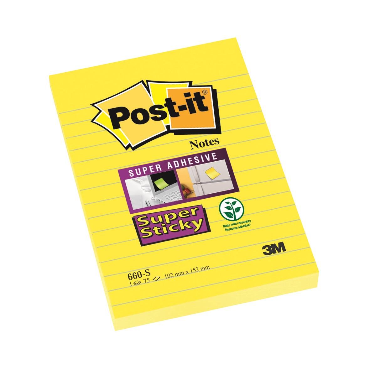 Gult Post-it Super Sticky-lappar med linjerad yta och 101x152mm storlek