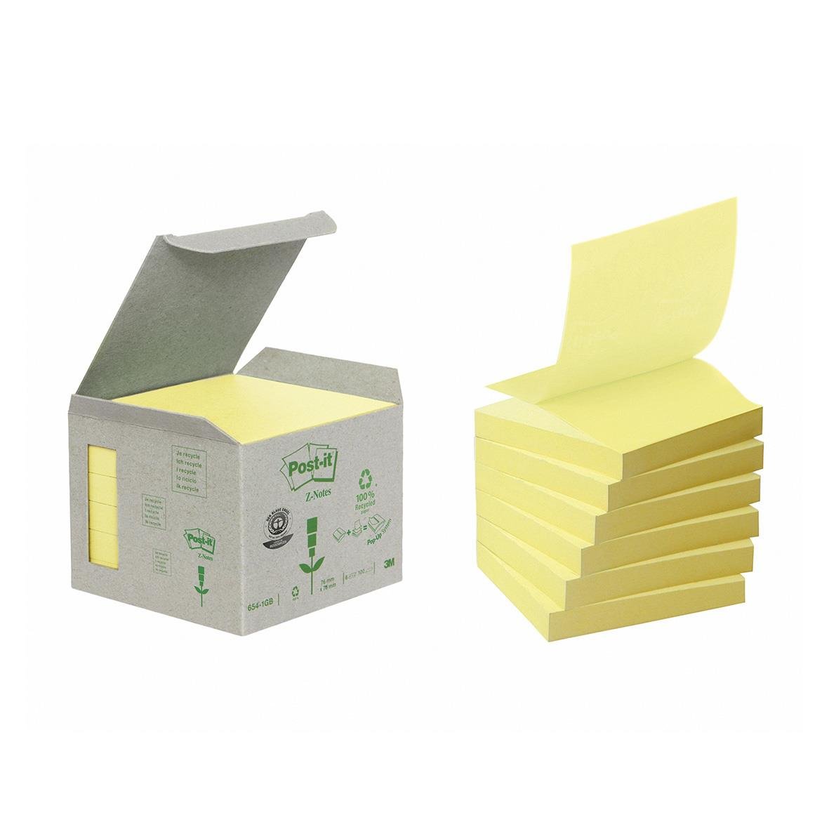 Gula Post-it Z-Notes i återvinningsbar kartonglåda med 100 blad, varje blad 76x76mm