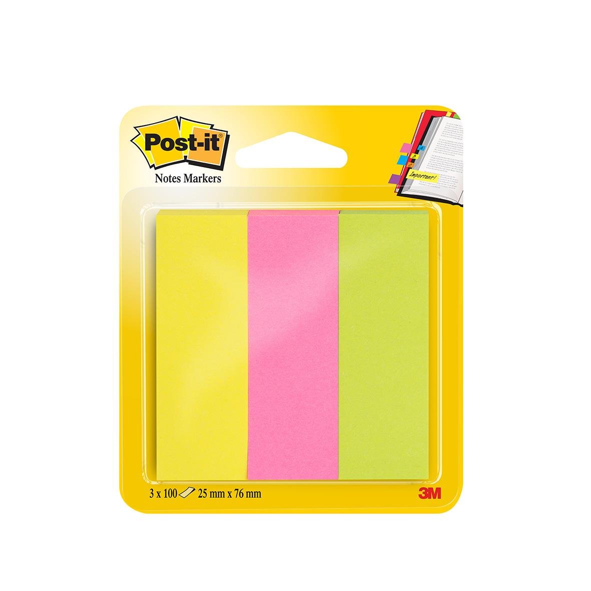 Märkflik Post-it 3x100 flikar i tre färger, 25x76mm, på förpackning