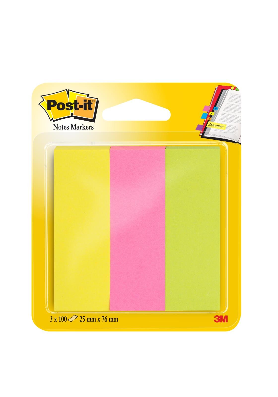Märkflik Post-it 3x100 flikar i tre färger, 25x76mm, på förpackning