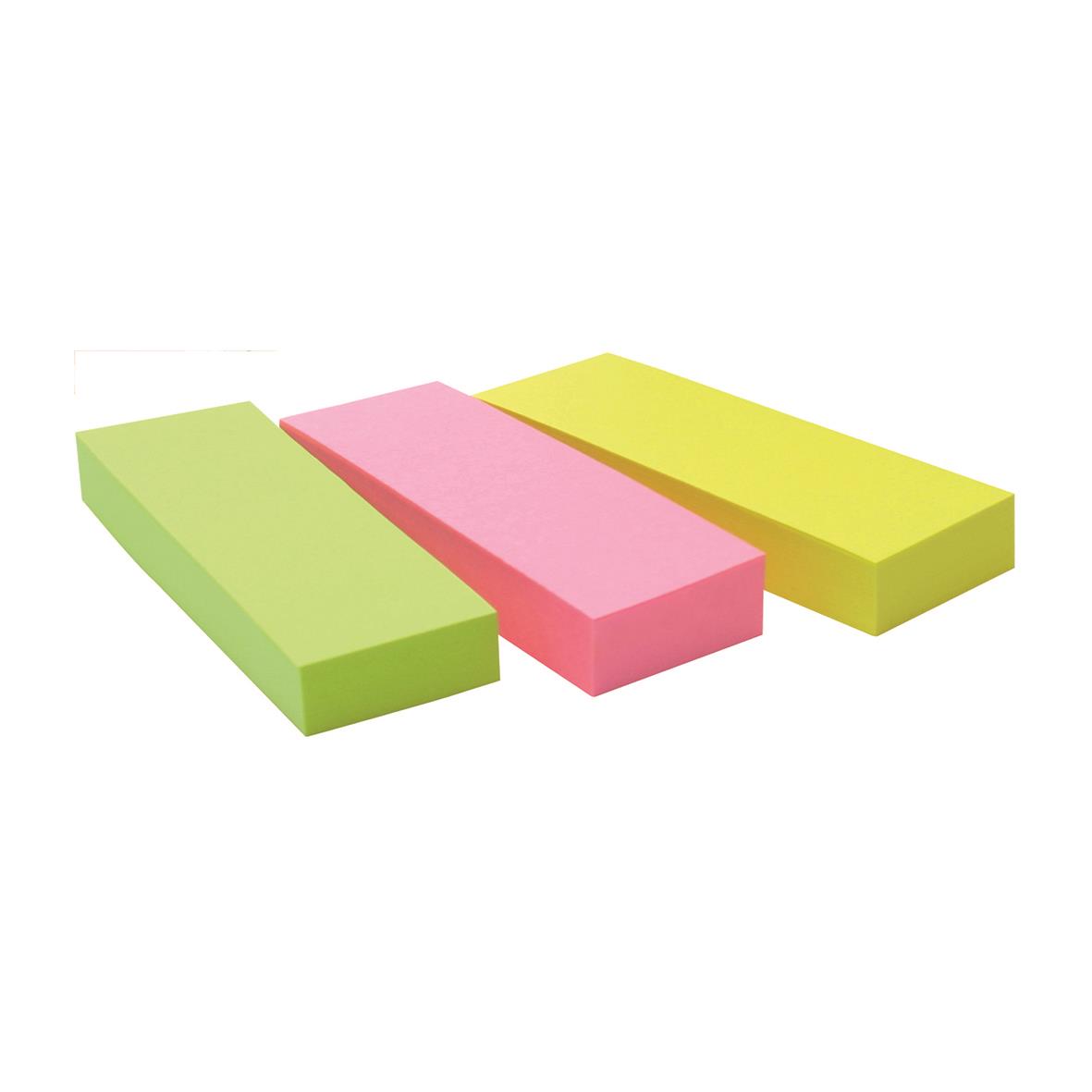 Tre färgglada post-it-flikar i grönt, rosa och gult, 25x76mm, 3x100 flikar