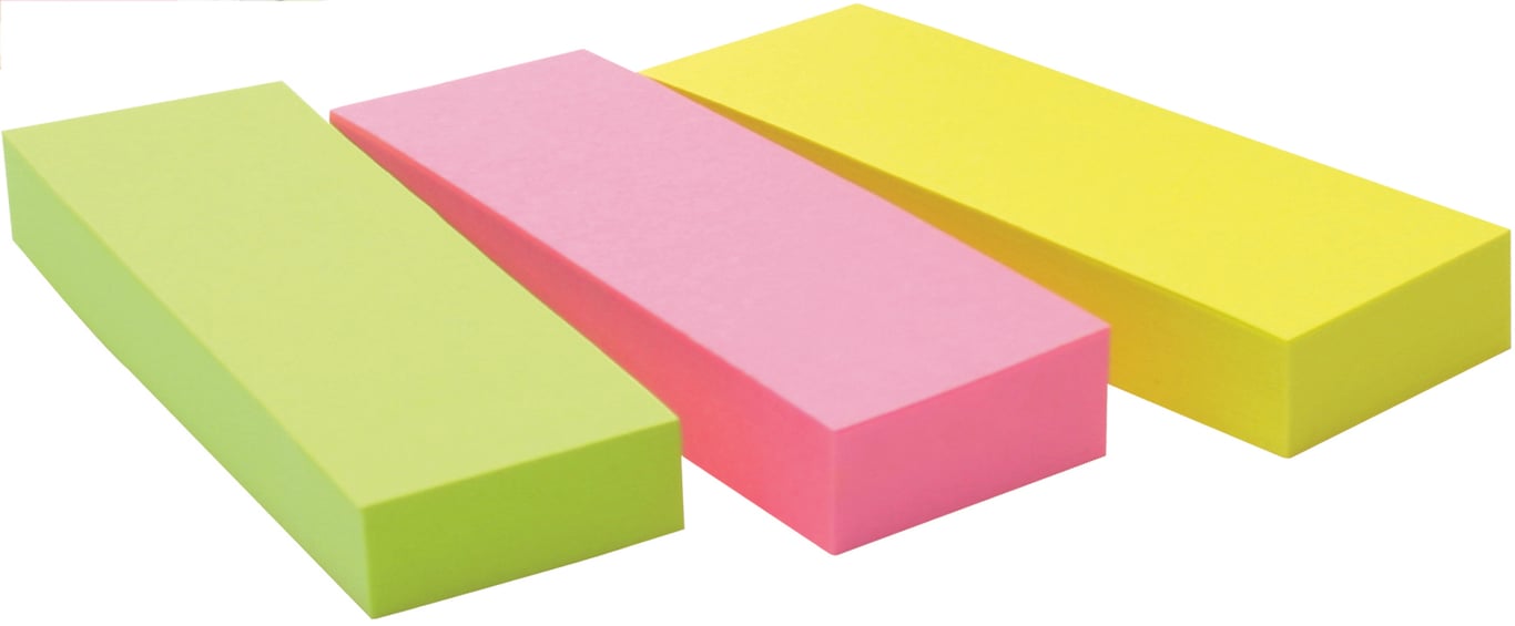 Tre färgglada post-it-flikar i grönt, rosa och gult, 25x76mm, 3x100 flikar