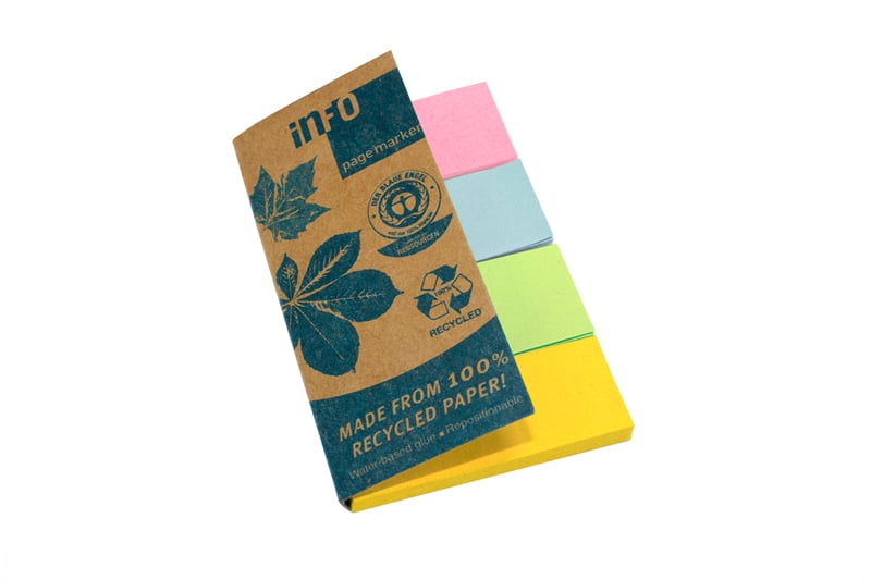 Märkflik i fyra färger, 20x50mm, tillverkad av 100% återvunnet papper