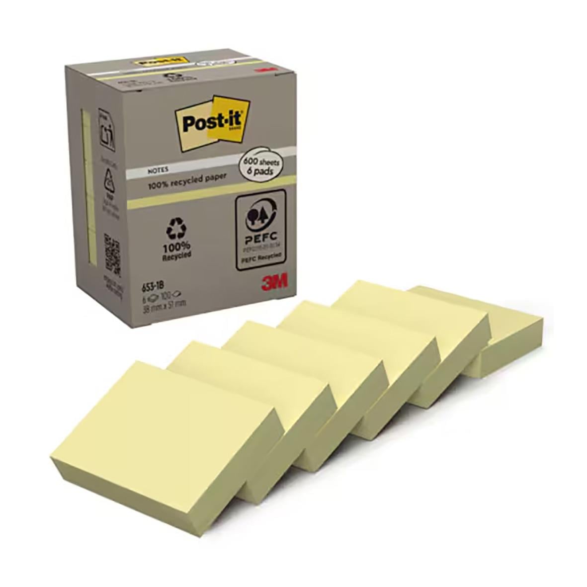Gula återvunna Post-it notisar 38x51mm, 100 blad i förpackning