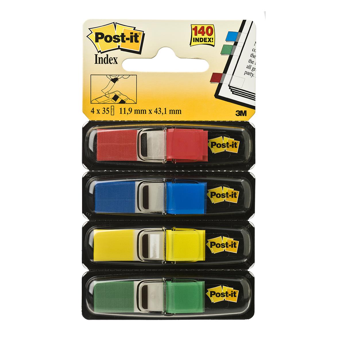 Märkflik Post-it 4x35 flikar i rött blått gult och grönt, storlek 11,9x43,2mm