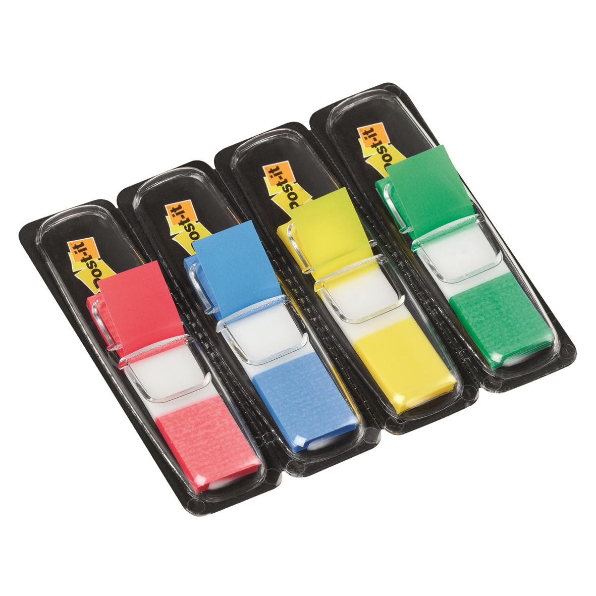 Set med fyra färgglada post-it-flikar i rött, blått, gult och grönt, varje 11,9x43,2mm