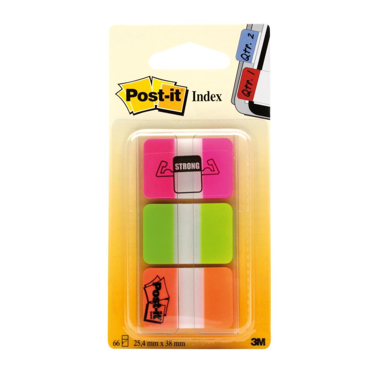 Märkflik Post-it Strong 3x22 flikar i rosa, grön och orange i plastförpackning