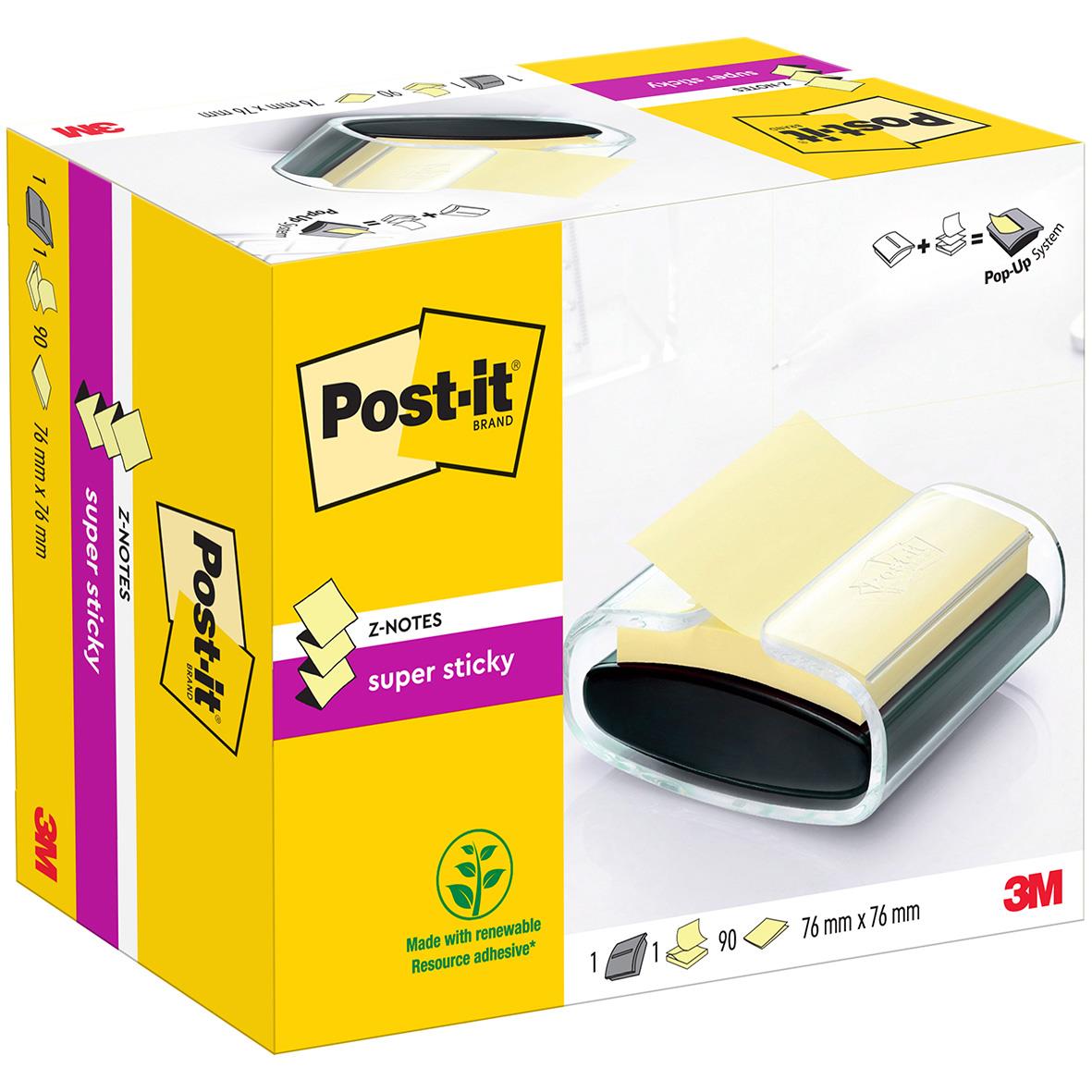 Hållare för Post-it med gul post-it och svart transparent fäste, storlek 76x76mm