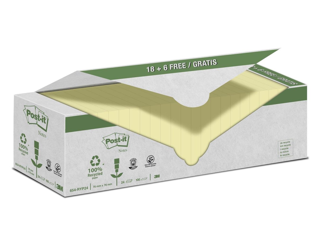 Gult återvunnet Post-it block med 100 blad i storleken 76x76mm