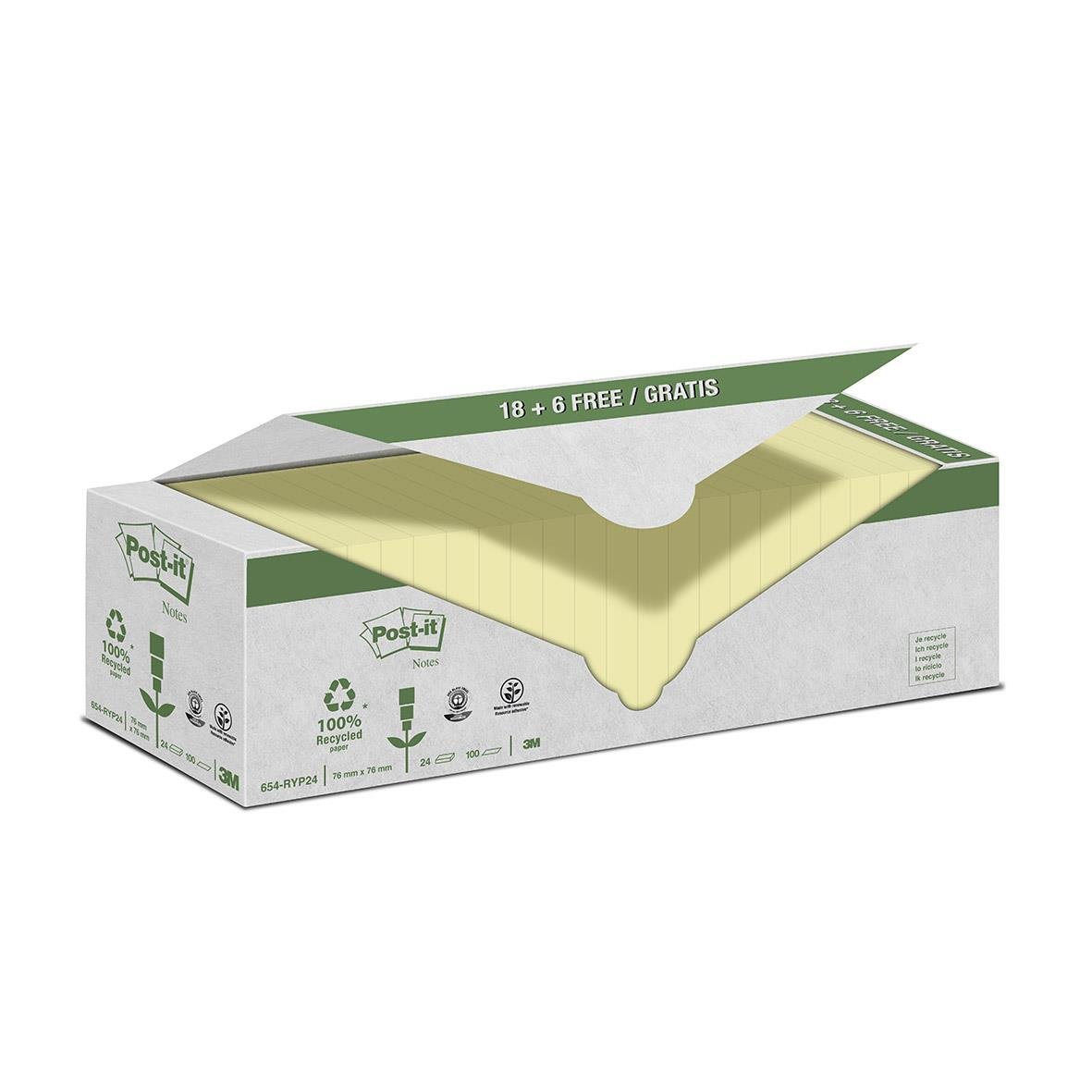 Gult återvunnet Post-it block med 100 blad i storleken 76x76mm