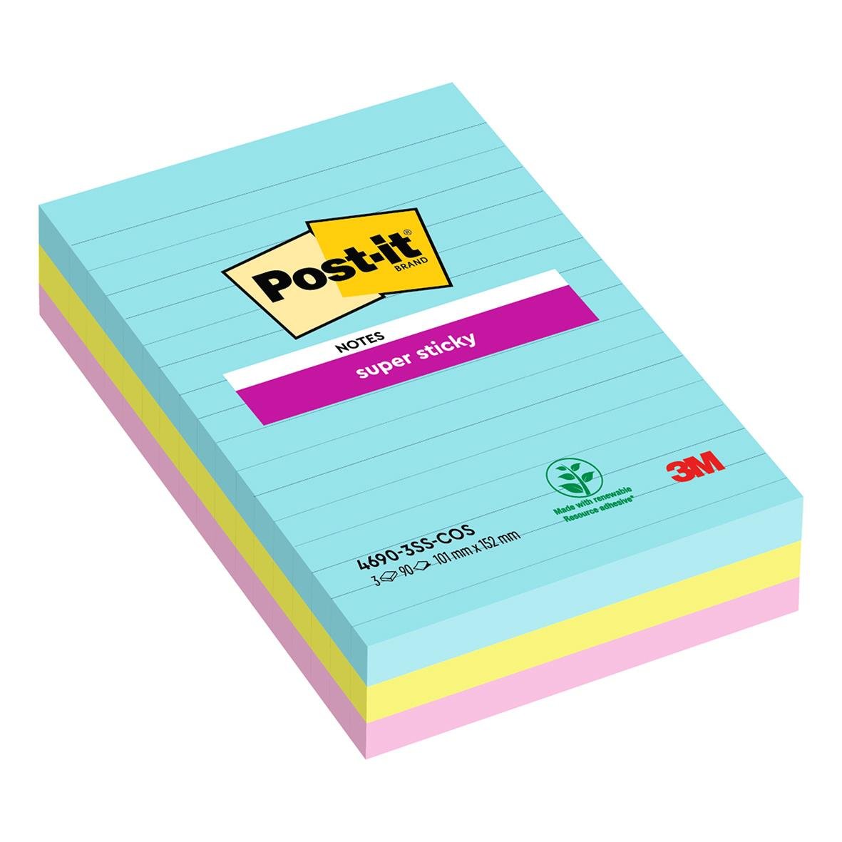 Notisar Post-it Super Sticky linjerade post-it-lappar i blå, gul, grön och rosa färg