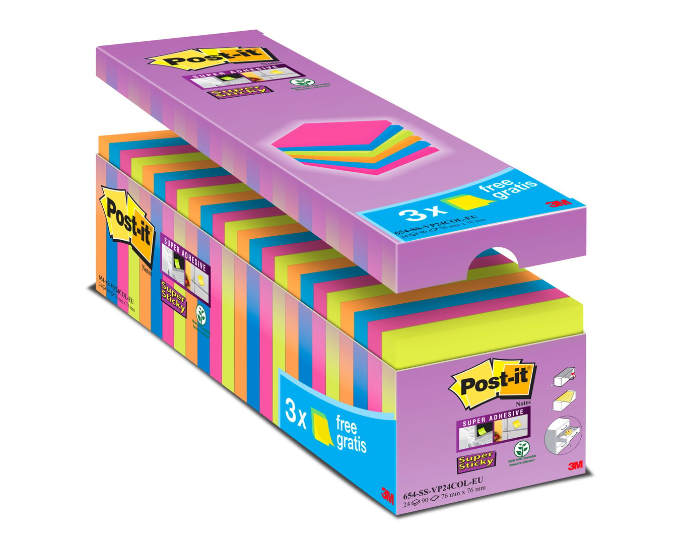 Notisar Post-it Super Sticky 90 blad blandade färger 76x76 mm 10110278