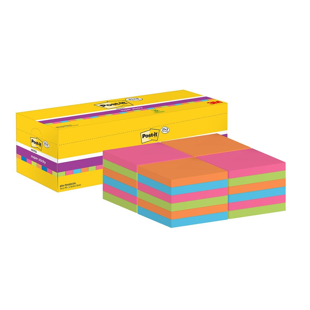 Post-it Super Sticky Mix Färg 76x76mm i en stor förpackning med färgglada post-it-lappar