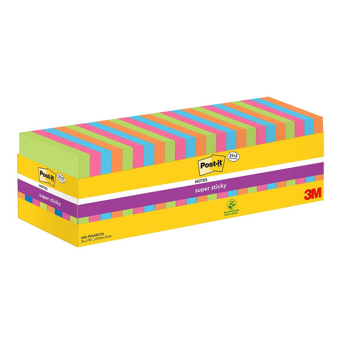 Post-it Super Sticky Mix Färg 76x76mm i en stor förpackning med många färgglada lappar