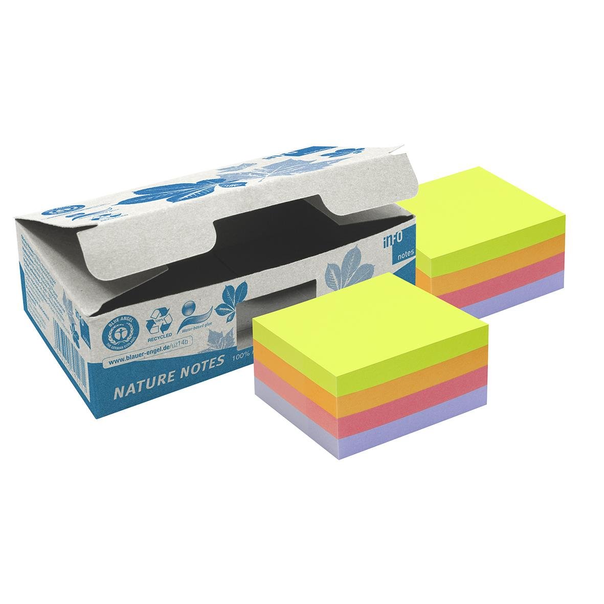 Recyklade notislappar i olika färger i en låda