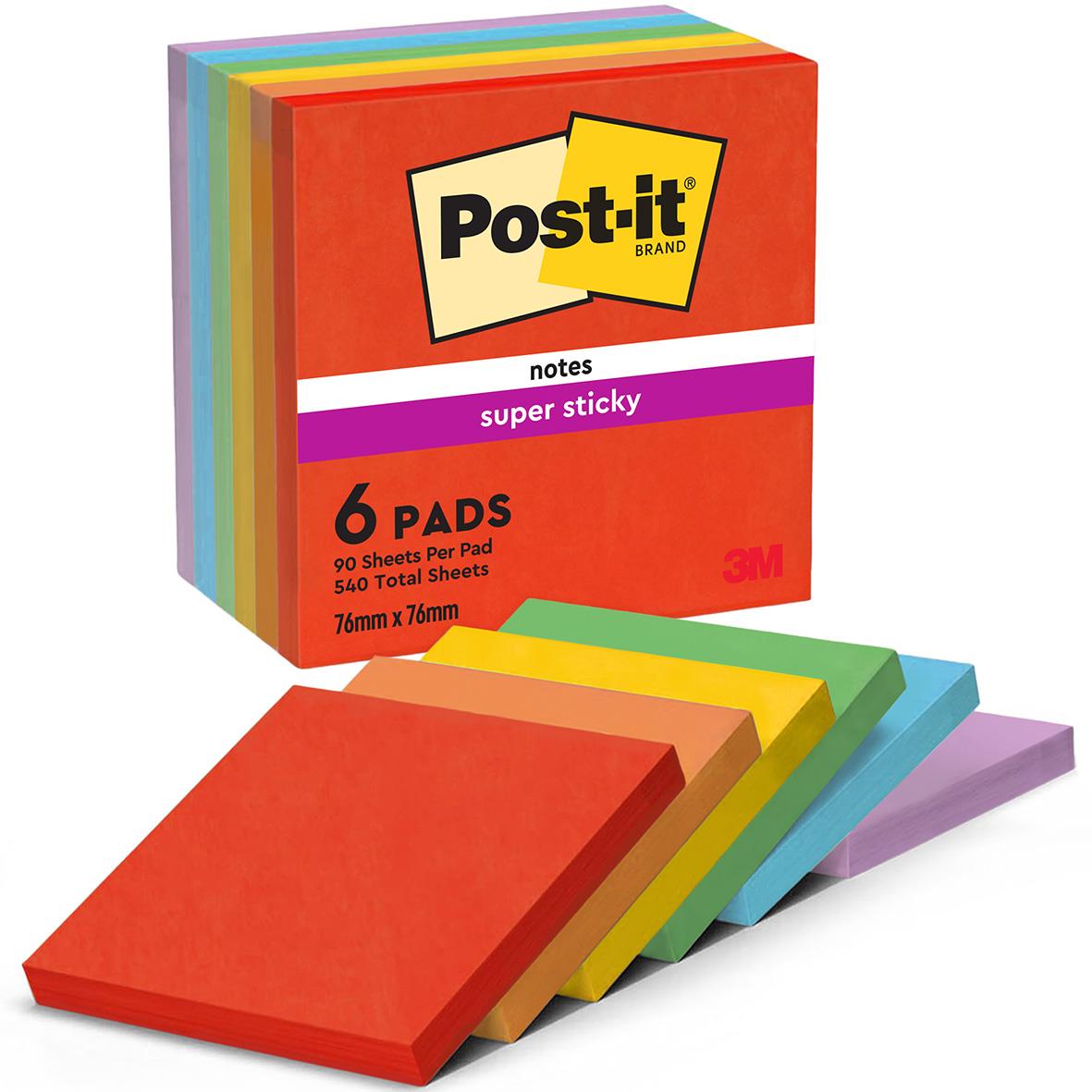 Färgglada Post-it Super Sticky anteckningslappar i olika färger, 76x76mm, 90 blad per block