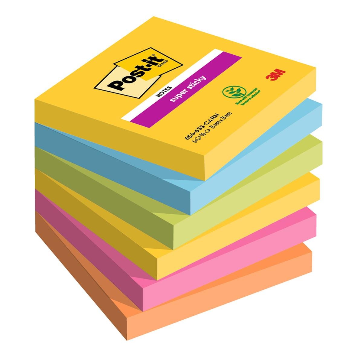 Färgglada Post-it Super Sticky notisar i olika färger staplade, 76x76mm, 90 blad