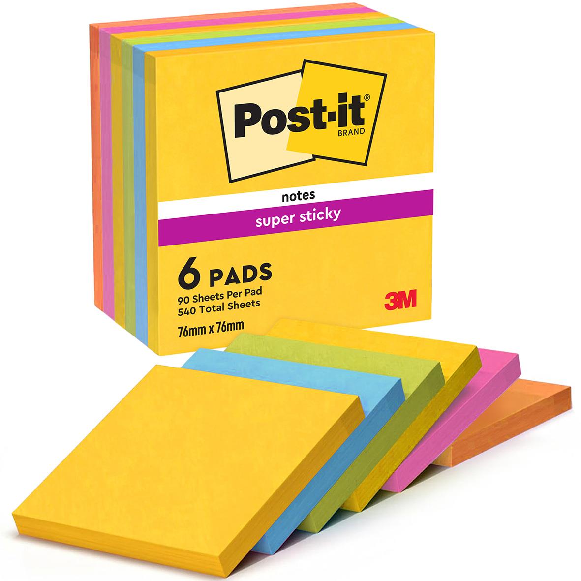 Post-it Super Sticky notisar i olika färger, 76x76mm, 90 blad per block