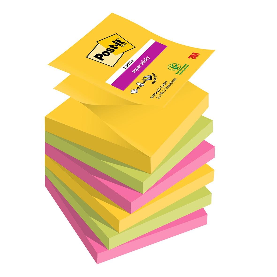 Staplade Post-it Super Sticky Z-Notes i olika färger, 76x76mm