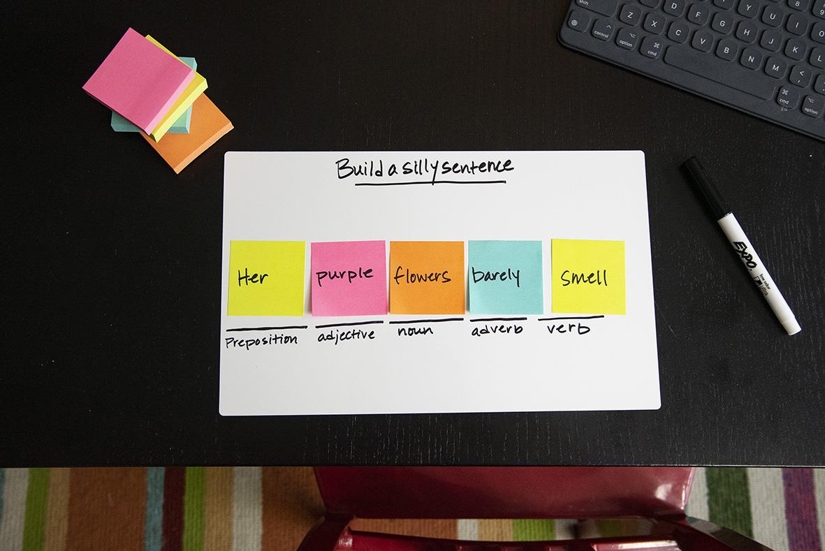 Post-it lappar i olika färger på svart bord med en whiteboard och penna